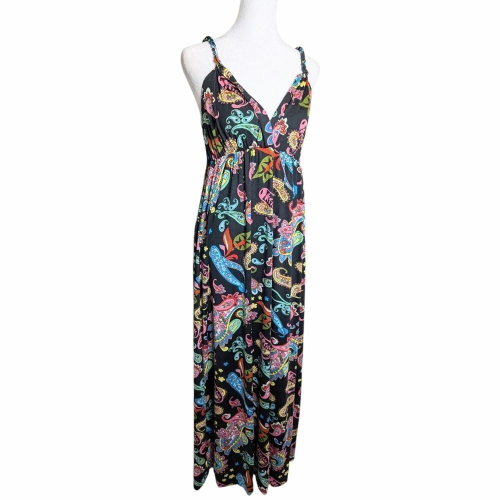 IB Diffusion Multicolor Black Y2K Psychedelic Paisley Goddess Strap Maxi Dress L
